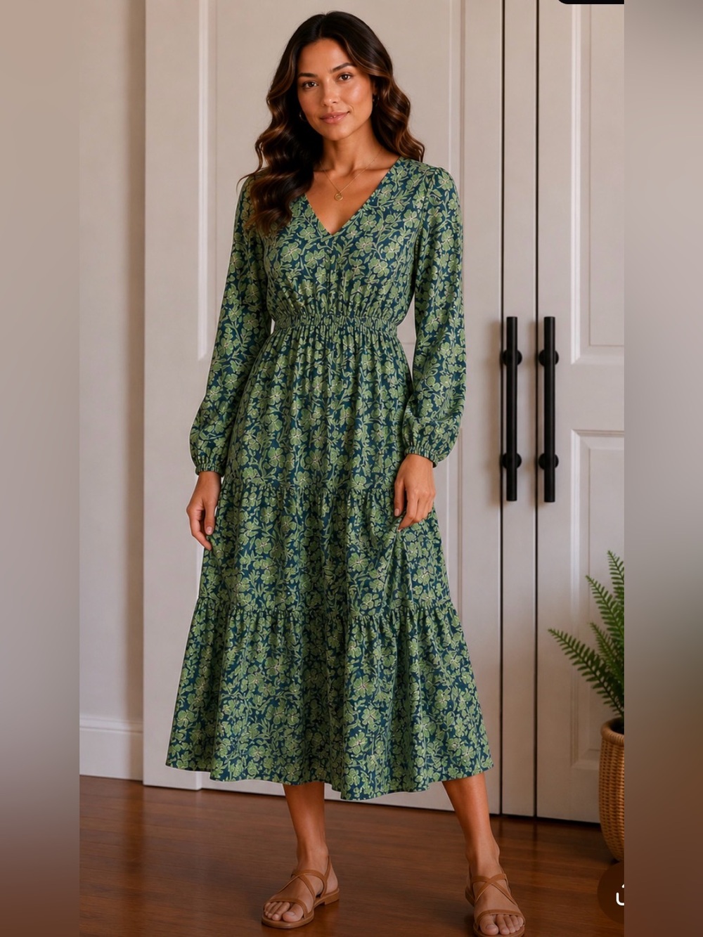 Gilli Green Leaf-Print V-Neck Maxi BOHO Dress‎ Medium